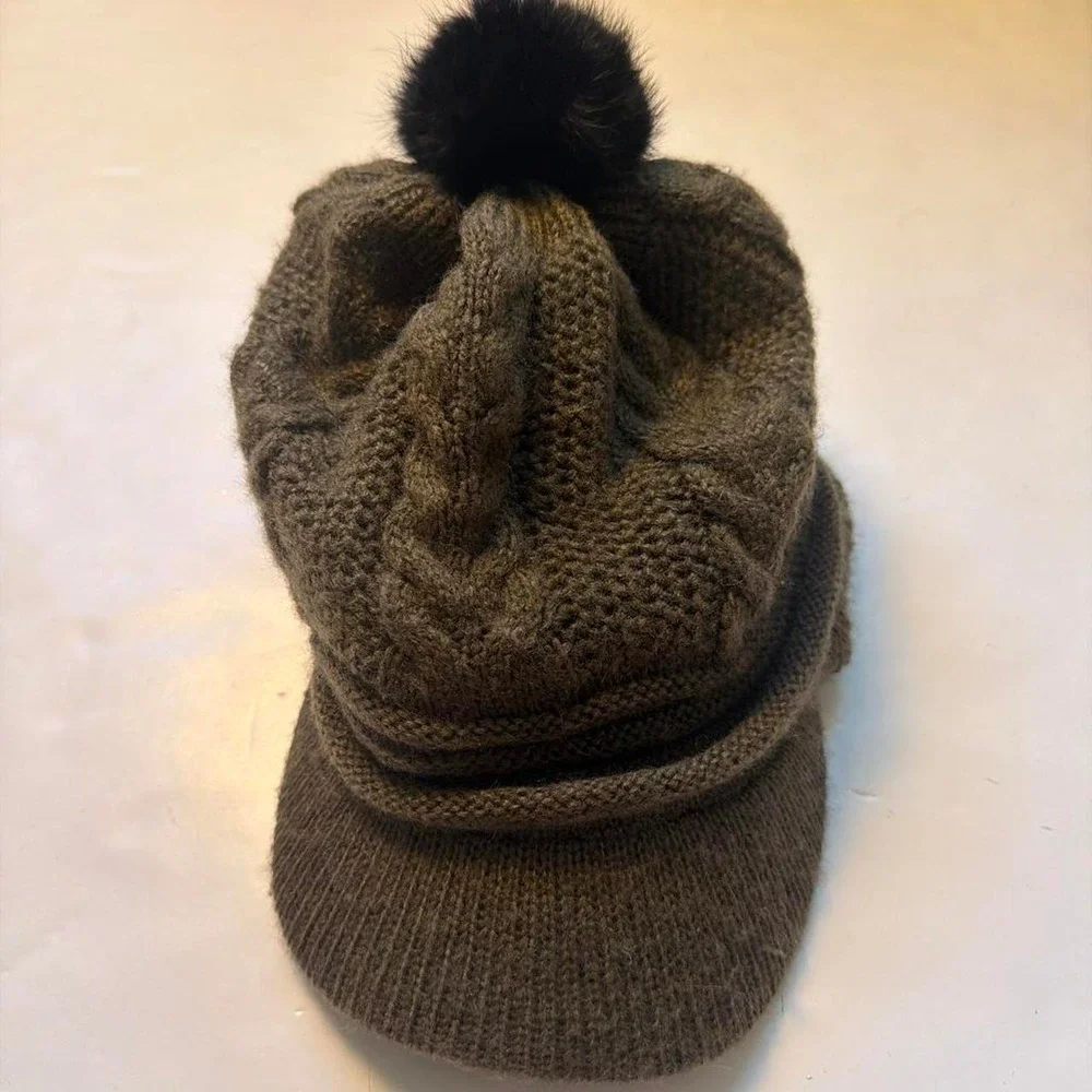 S.B Olive Green Cable Knit Pom Newsboy Cap Y2K Twee Indie Slouchy Paperboy Hat
